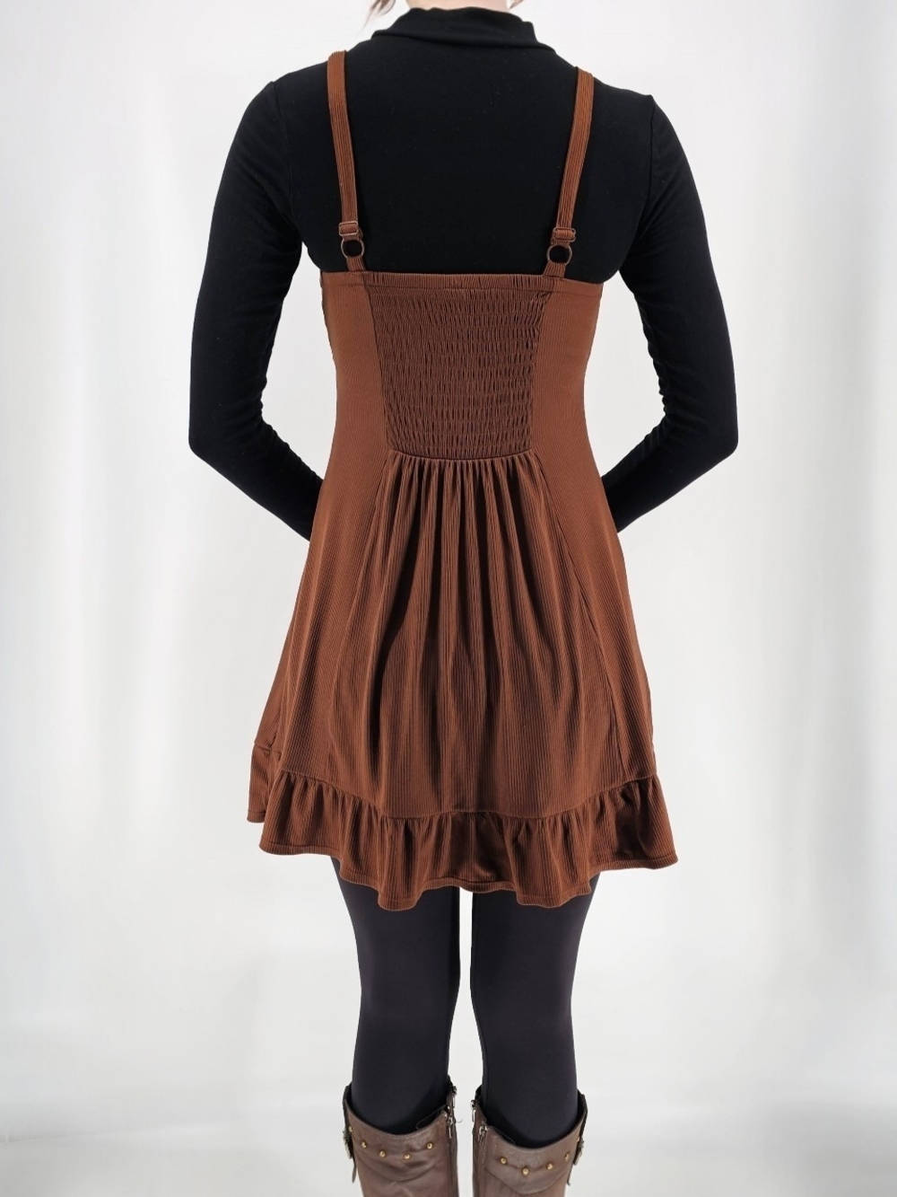 Brown Ribbed Coquette Babydoll Mini Dress - Picture 2 of 7